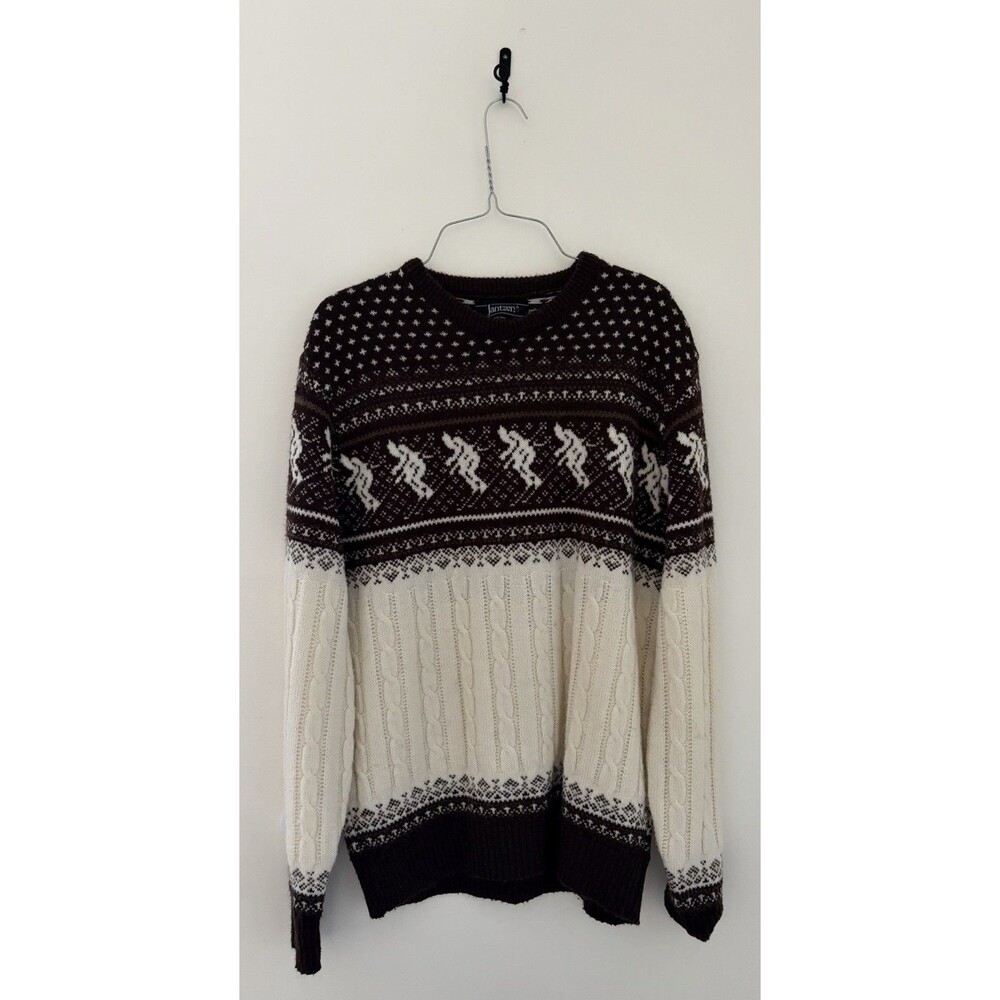 vtg JANTZEN APRES SKI SWEATER Cable Knit Nordic Snow Skiing 70s 80s Cream Brown